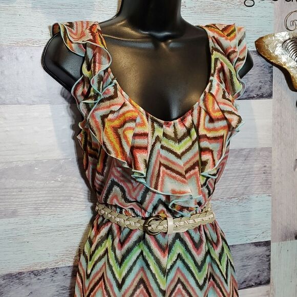 Teeze Me Sz 3 Multicolor Ombre Stripe Ruffle Sleeveless Summer Belted Dress 224 - Picture 3 of 9